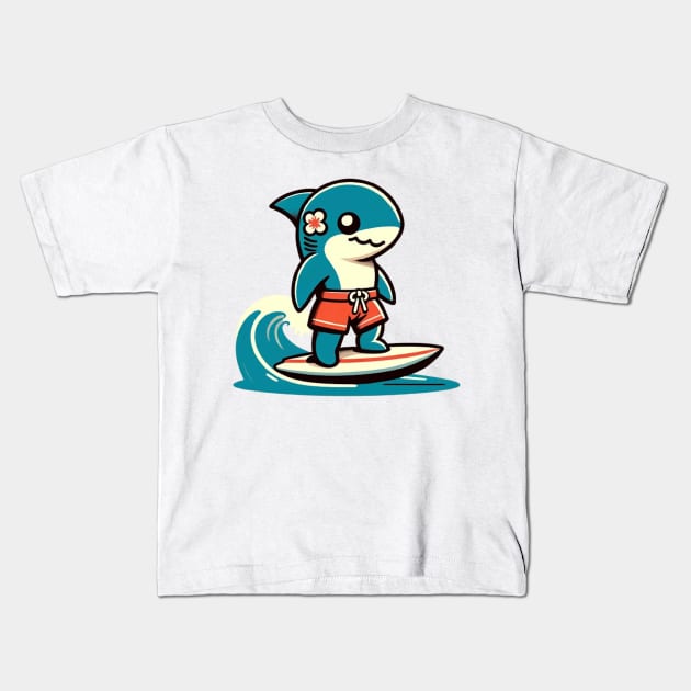 Cute Vintage Shark Surfing Kids T-Shirt by RetroFusion